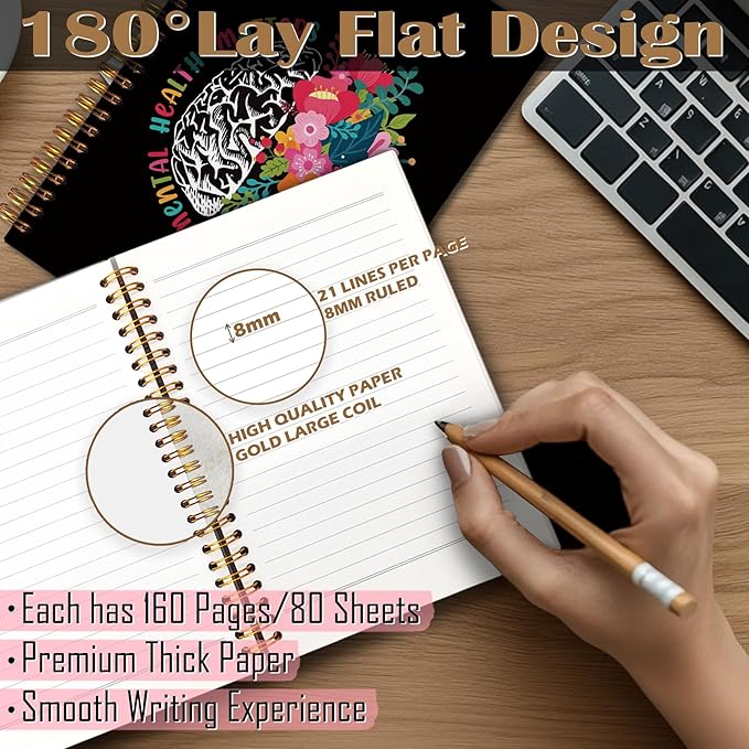 Mental Health Floral Spiral Notebook 5.5x8.3, Mental Health Matters Floral Brain Therapy Journal for Women, Therapy Notebook for Note Taking