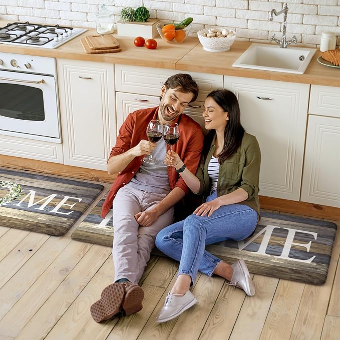 KIMODE Anti Fatigue Mats for Kitchen Floor,Comfort Cushioned Rugs Sets of 2,Wide Farmhouse Memory Foam Carpet Non Slip for Laundry Sink Office Bathroom,Blue 20"x47"+20"x32"