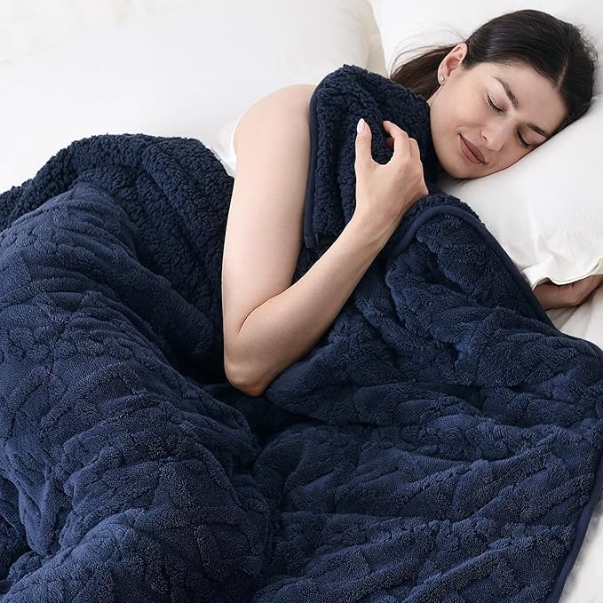 Topblan Weighted Blanket Twin Size 12 lbs, Soft Weighted Blanket with Doubled-Sized Shaggy Sherpa, Jacquard Knitted Warm Weighted Blankets Throw for Better Sleep, Navy Blue, 48 x 72 inches