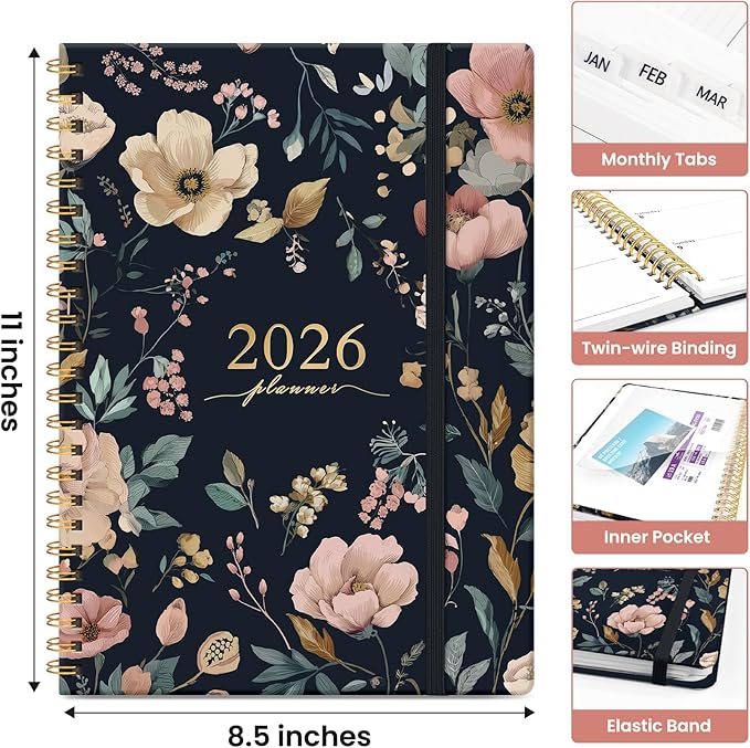 2026 Planner, Monthly and Weekly Calendar Planner for Women, January 2026 - December 2026, Hardcover Pretty 2026 Agenda Planner Book with Tabs, Spiral Bound, Perfect for School Office Home Supplies, 8.5" x 11" - Evening Petals