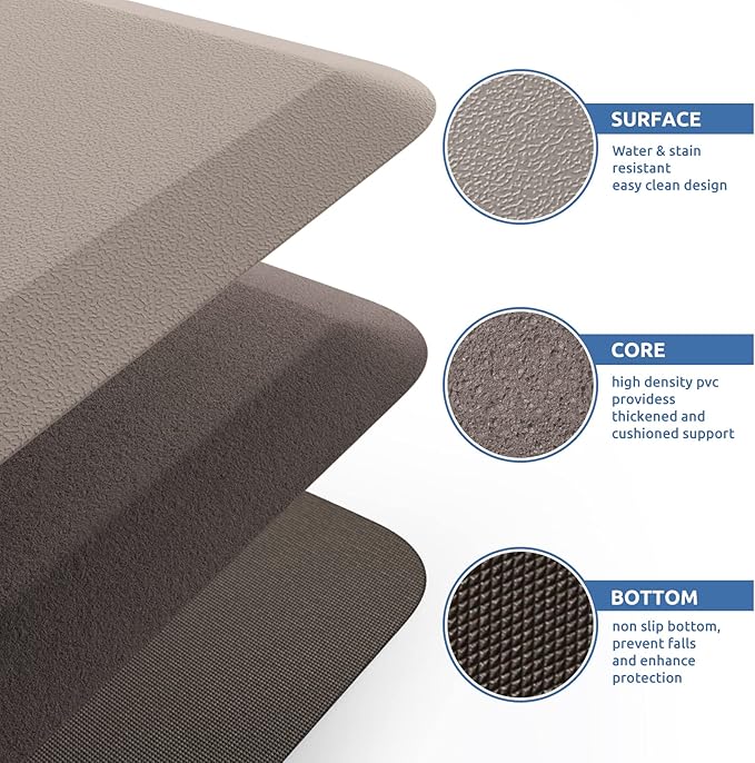 KitchenClouds Kitchen Mat Cushioned Anti Fatigue Kitchen Rug 17.3"x39" Waterproof Non Slip Kitchen Rugs and Mats Standing Desk Mat Comfort Floor Mats for Kitchen House Sink Office (Khaki)