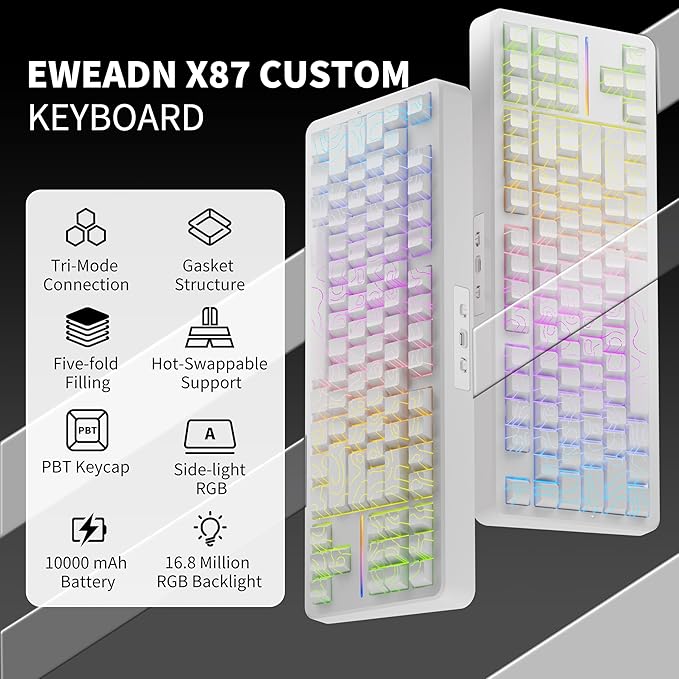 EWEADN X87 Wireless Mechanical Keyboard ASMR, 10000 mAh Battery, 75% Keyboard with Huano Arctic Switch BT5.0/2.4GHz/USB-C Topographic Keycaps Hot Swappable Custom Keyboards, Gasket Structure-White