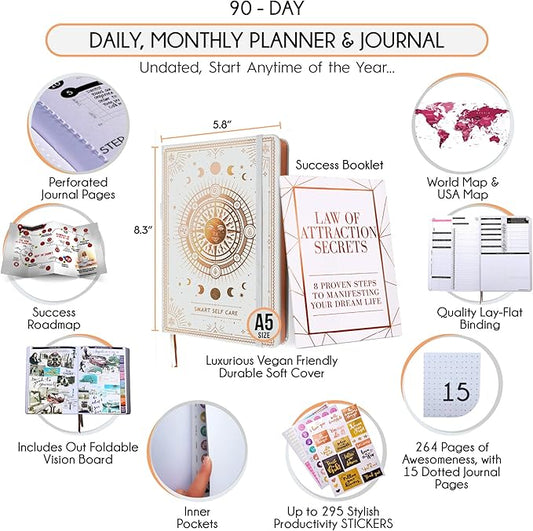 Adhd Daily Planner - A Self Care Personal Gratitude Journal to Increase Productivity and Success in Life & Work, Weekly & Monthly Undated Planner for Women and Men, Vision Board & Organizer + Stickers
