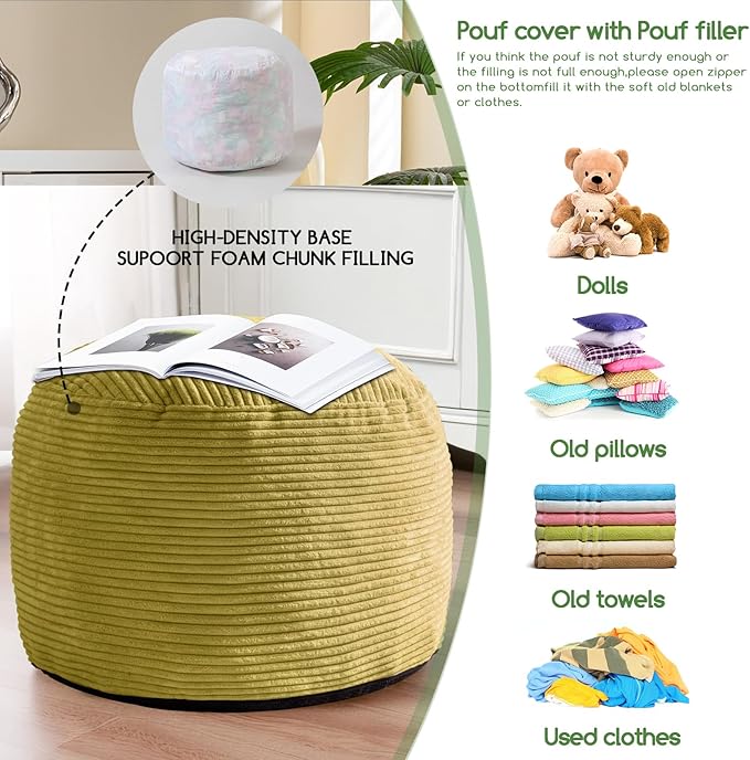 HIGOGOGO Round Stuffed Pouf Ottoman, Corduroy Poufs with Foam Chunk Filling, Furry and Fluffy Pouf Foot Stool Storage Ottoman, 20 X 15 Floor Poufs Foot Rest for Living Room, Green