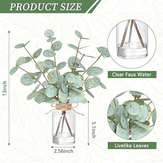 Fake Eucalyptus Stems in Vase with Faux Water,Artificial Plants Eucalyptus Leaves for Shelf Desk Bathroom Farmhouse Room Coffee Table Faux Greenery Plants Decorations (Green)