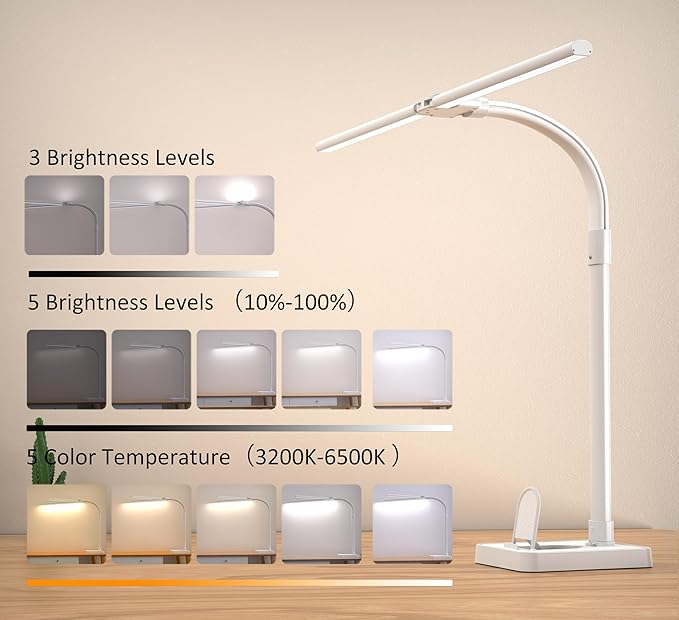 Double Head LED Desk Lamp, Architect Desk Lamps for Home Office, 24W Brightest Workbench Office Lighting-5 Color Modes and 5 Dimmable Eye Protection Modern Desk Lamp (White-Desktop, Big)