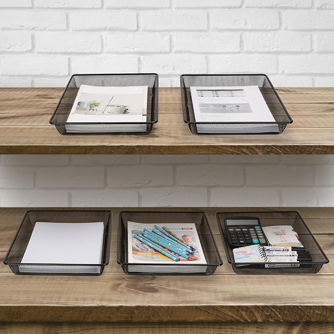 Single Desk Tray Organizer, Turn in Trays Classroom, Metal Mesh Paper/Letter Storage Basket for Office Home Drawers School, Black (1 Pack)