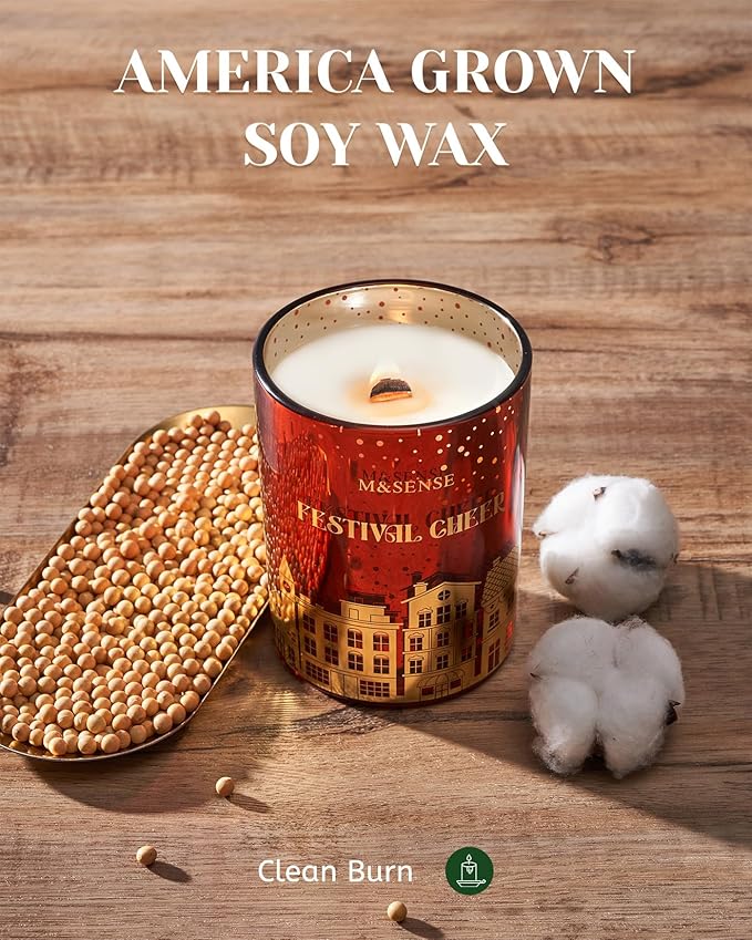 M&SENSE Festival Cheer Wooden Wick Holiday Candle, 18oz Almond & Apple Highly Scented Clean Natural Soy Wax Candle, 100 Hours Burn Candle, Aromatherapy Large Candle for Housewarming Bathroom Bedroom