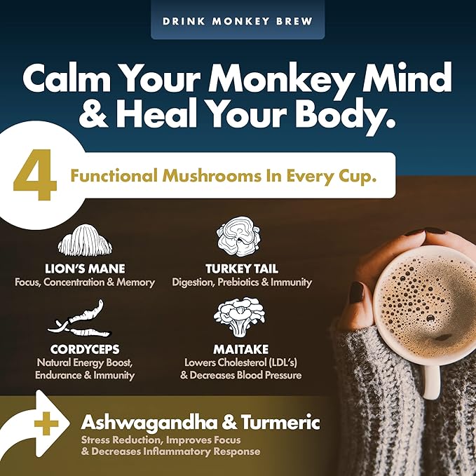 Monkey Brew Original - USDA Organic Mushroom Tea Drink - Non-Caffeinated Mushroom Coffee Alternative with Cacao Powder, Lion's Mane, Turkey Tail, Ashwagandha, Turmeric - Boosts Energy Focus & Immunity