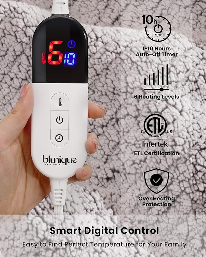 Electric Blanket King 90 x 100 Inches, Double-Sided Sherpa, Soft & Cozy Thick Heated Blanket with 6 Heat Settings, 1-10 Hour Auto Off, Machine Washable, Ideal for Couch, Sofa, Bed, Office, Light Grey