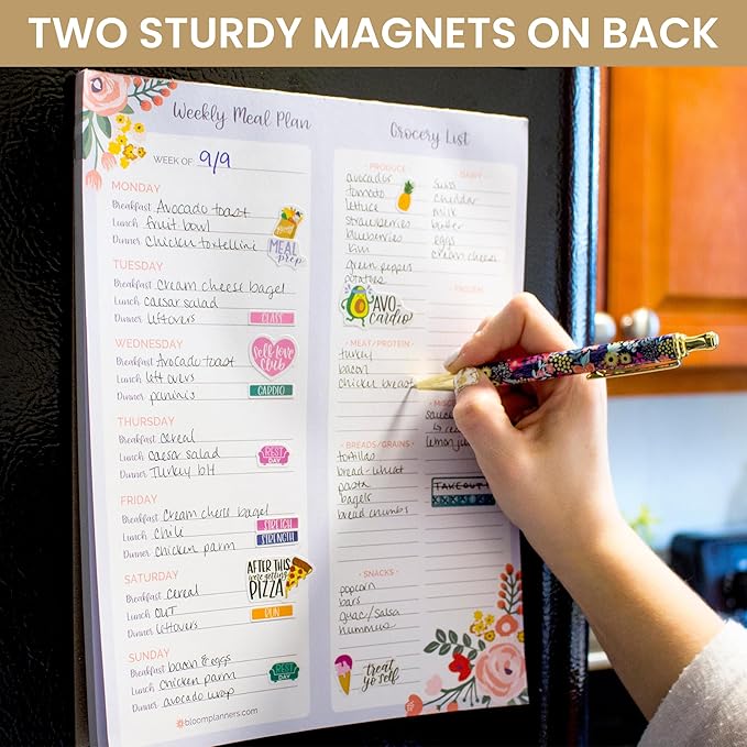 bloom daily planners Weekly Magnetic Meal Planning Pad for Fridge with Tear-Off Grocery Shopping List - Hanging Food/Menu Organizer Notepad with Magnets - 8.5” x 11”