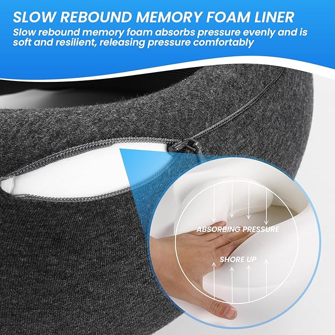 Badink® Memory Foam Neck Travel Pillow, Neck Pillow Airplane with MagicStrap – Adjustable Ergonomic Travel Pillow for Office/Airplane/Car, Washable Cover, Portable Cervical Support （Darkgrey）