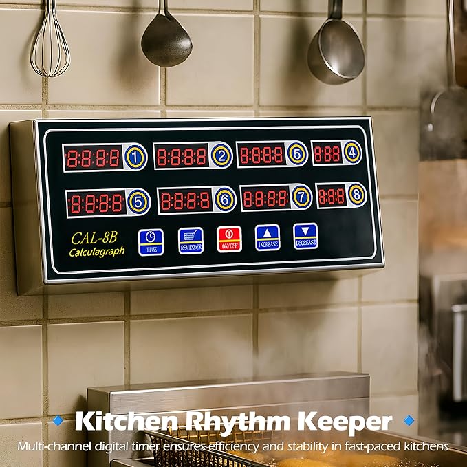 8-Channel Digital Kitchen Timer, Commercial Kitchen Timers for Cooking with Loud Alarm, Independent Settings, Multi-Chanel Countdown, Clock Reminder for Restaurant, Frying, Bakery, Coffee