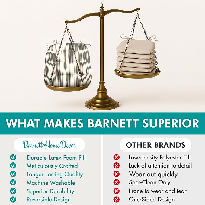 Barnett Home Decor Ticking Stripe Black Dining Chair Pad with Ties - Pack of 2-17" x 15" Size Small Chair Cushion - Latex Foam Fill - Machine Washable, Reversible, 100% Cotton, Made in USA