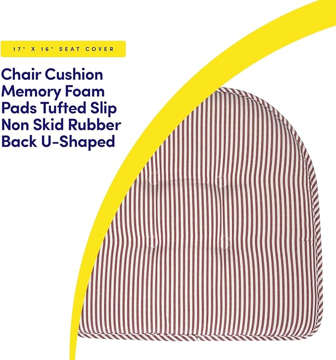 Sweet Home Collection Chair Cushion Memory Foam Pads Tufted Slip Non Skid Rubber Back U-Shaped 17" x 16" Seat Cover, 2 Count (Pack of 1), Pinstripe Burgundy