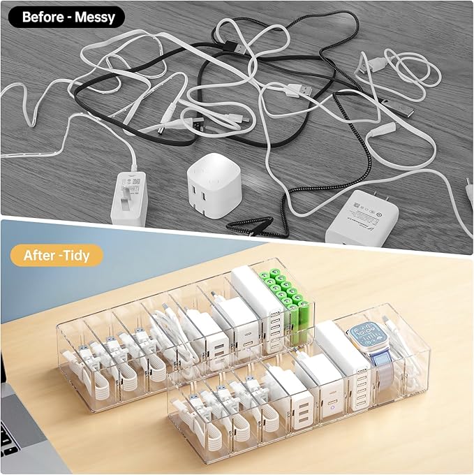 2 Pack Cable Storage Organizer Box with 8 Compartments and 14 Wire Ties, Stackable Charger Organizer, Clear Cord organizer for Drawer, Adjustable Divider Cord Management Box