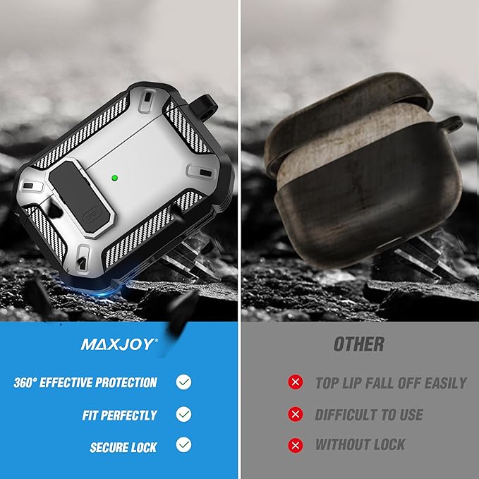 Maxjoy for AirPods Pro Case Cover with Lock, AirPods Pro 1st Generation Case for Men Military Rugged Protective Cover with Keychain Compatible with Apple AirPod Pros 2019 Front LED Visible, Silver