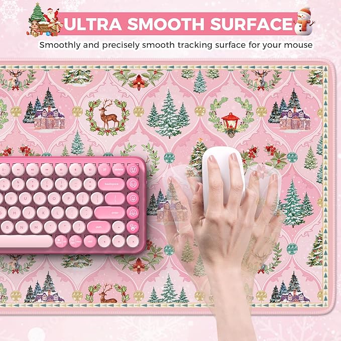 iCasso Christmas Desk Mat, Pastel Pink Mouse Pad, Desk Protector Mat, Extra Large Office Matt for Desktop, Anti-Slip XXL Big Mousepad with Stitched Edges for Computer Keyboard