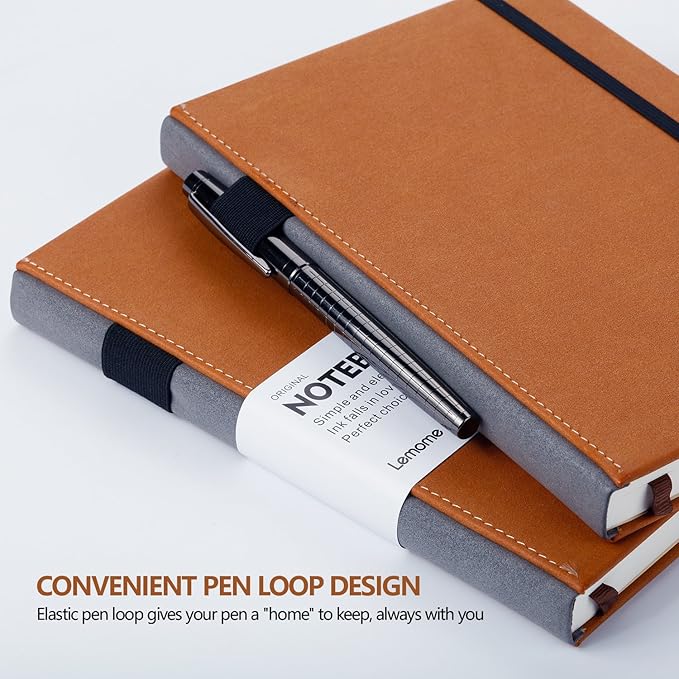 Lemome Thick Classic Notebook with Pen Loop A5 College Ruled Hardcover Writing Notebook with Pocket + Page Dividers Gifts, Banded, Large, 180 Pages, 8.4 x 5.7 in