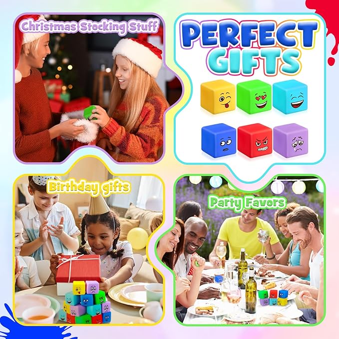 Meooeck 24 Pcs Fidget Toy Stress Cube Slow Rising Square Cube Squeeze Fidget Toys Stress Balls for Adults with Emoticons Face for Party Office Christmas Stocking Stuffer Gift ADHD Autism Anxiety