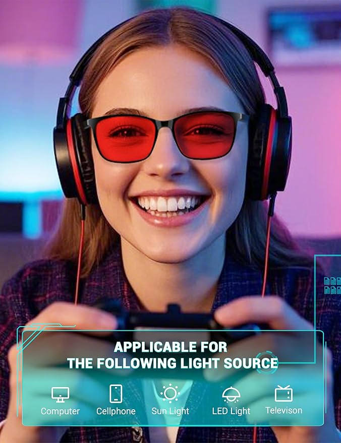TIJN Sleep Glasses for 99.9% Blue Green Light Blocking for Women Men Dual AR Coating Red Lens for Computer Gaming, TR90