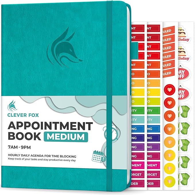 Clever Fox Appointment Book – Hourly Schedule Planner with Time Slots – Time Box Planner for Daily Work & To-Dos – Weekly & Monthly Spreads, Undated, Hardcover, A5 Size (Turquoise)