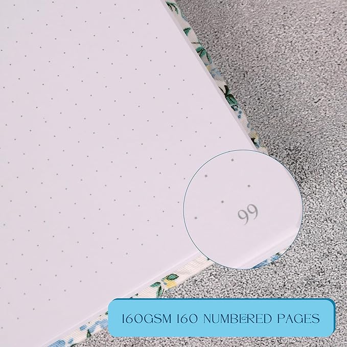 TIEFOSSI Dotted Journal Notebook, Dot Grid Notebook for Women Men, Fabric Flower Journal, 160 GSM Thick Paper, 160 Numbered Pages with Gold Edges, 8 x 8 Square Diary