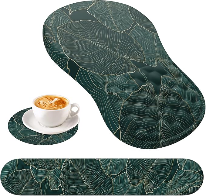 HAOCOO Ergonomic Mouse Pad with Wrist Rest and Keyboard Wrist Rest, 3 PCS Computer Carpal Tunnel Mouse Pads Set for Desk with Coaster, Memory Foam Mousepad Support for Office Laptop, Green Palm Leaves