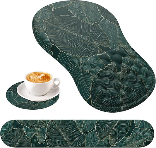 HAOCOO Ergonomic Mouse Pad with Wrist Rest and Keyboard Wrist Rest, 3 PCS Computer Carpal Tunnel Mouse Pads Set for Desk with Coaster, Memory Foam Mousepad Support for Office Laptop, Green Palm Leaves