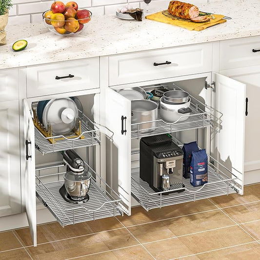 WelFurGeer 2-Tier Stainless Steel Pull Out Cabinet Organizer, Soft Close Damping Slides, Heavy Duty Chrome Plated Wire Basket with Shelf Liner, Perfect for Kitchen Cabinets, Pantry Storage, Under Sink