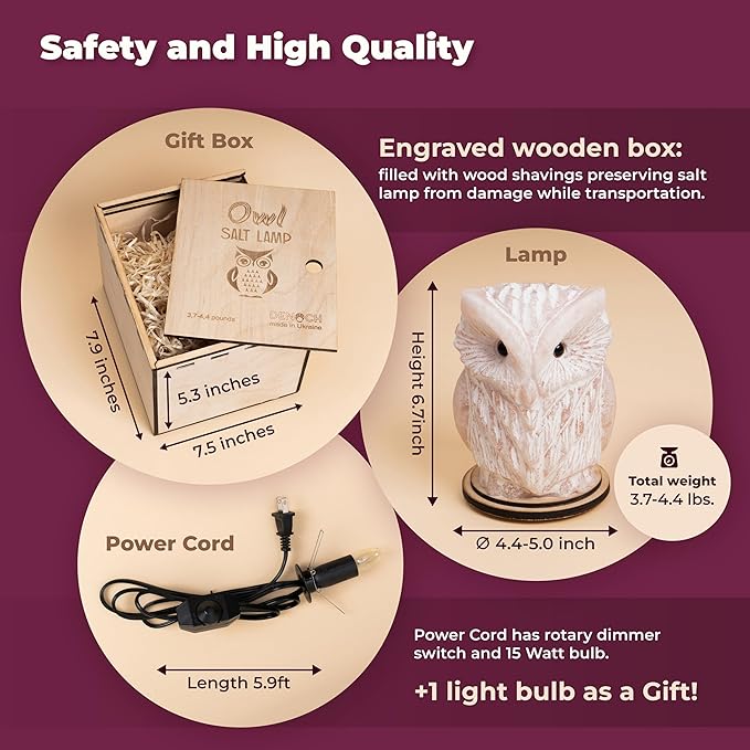 Owl Crystal Salt Lamp H 6.7”, 4.4 lbs - Pure Natural Rock Salt – Unique Night Light Lamp - 1 Light Bulb as a Gift - Wooden Present Box - Holiday Gift Ideas - Cool Room Décor