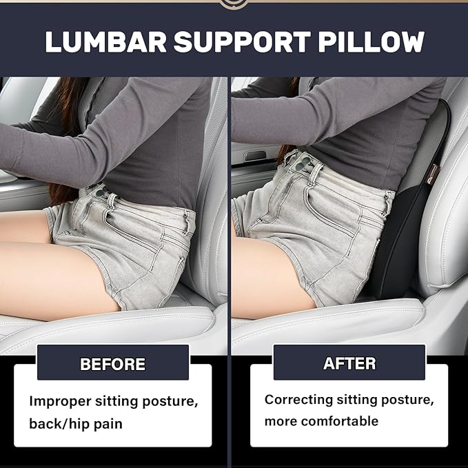 Coverado Lumbar Support Pillow for Car, Ergonomic Memory Foam Back Pillow for Office Chair, Back Cushion for Back Pain Relief, PU Leather Car Lumbar Support for Driving Seat - Black&Gray