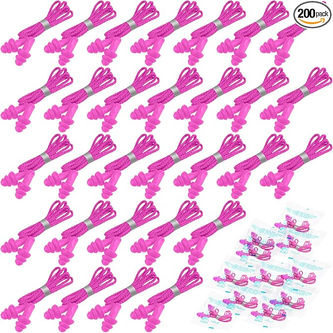 Tondiamo 200 Pairs Ear Plugs Reusable Silicone Earplugs with Cord Sleeping Individually Wrapped Hearing Protection Noise Cancelling Earplugs for Work Construction Shooting Sports (Pink)