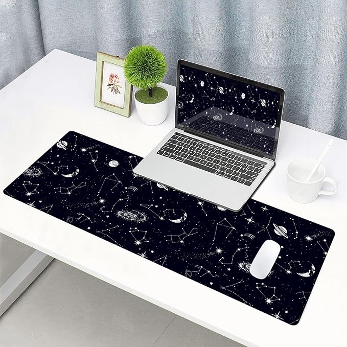 Large Gaming Mouse Pad with Stitched Edges, Black Constellation Desk Mat Extended Keyboard Pad, Non-Slip Rubber Base Desk Pad for Keyboard and Mouse, 31.5X11.8 inch, Sun and Moon