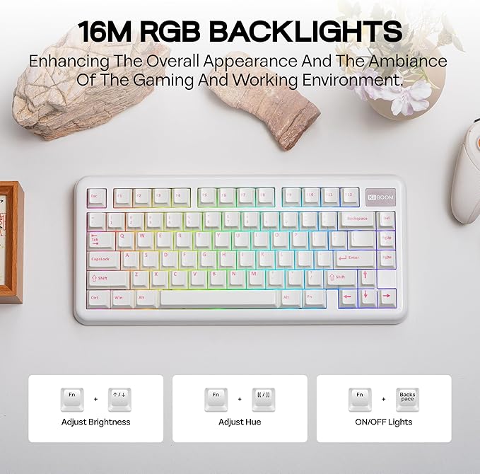 KiiBoom Phantom81 Lite 75% Gasket Mechanical Keyboard, QMK&VIA Programmable, 3 Modes Wireless Gaming Keyboard, RGB Backlights, ABS Case + UV Tech, Hot-Swappable for Windows/Mac/Linux (White)