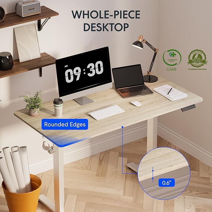 FLEXISPOT EN1 One-Piece Standing Desk, 48 x 24 Inches Electric Height Adjustable Desk for Home Office (White Frame + White Wood Grain Desktop)