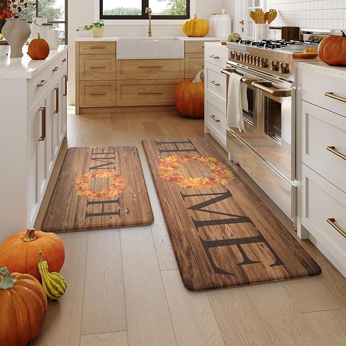 KIMODE Fall Kitchen Mat Anti Fatigue, Farmhouse Maple Leaves Kitchen Rugs Sets of 2, Autumn Cushioned Kitchen Floor Mats, Comfort Kitchen Rugs Non Slip for Floor Sink, Laundry, Desk 17"x47"+17"x29"