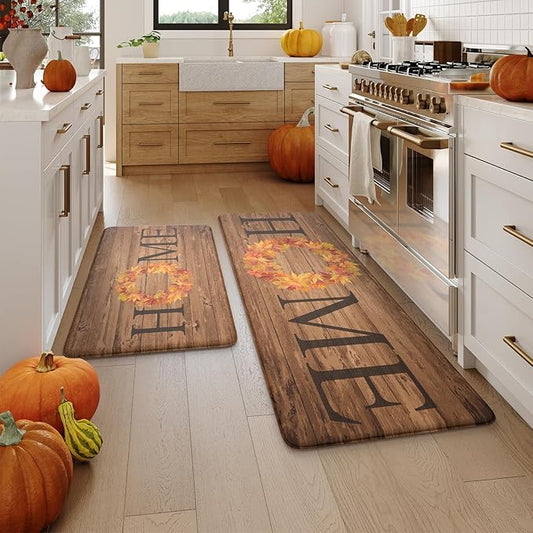 KIMODE Fall Kitchen Mat Anti Fatigue, Farmhouse Maple Leaves Kitchen Rugs Sets of 2, Autumn Cushioned Kitchen Floor Mats, Comfort Kitchen Rugs Non Slip for Floor Sink, Laundry, Desk 17"x47"+17"x29"