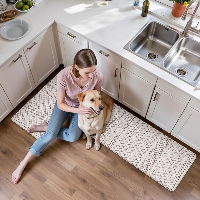 KIMODE Kitchen Mats 2PCS,Cushioned Anti Fatigue Boho Kitchen Rugs and Mats,Non Slip Waterproof Kitchen Mats for Floor,Comfort Foam Standing Desk Mat for Home,Office,Sink,Laundry,Brown and White