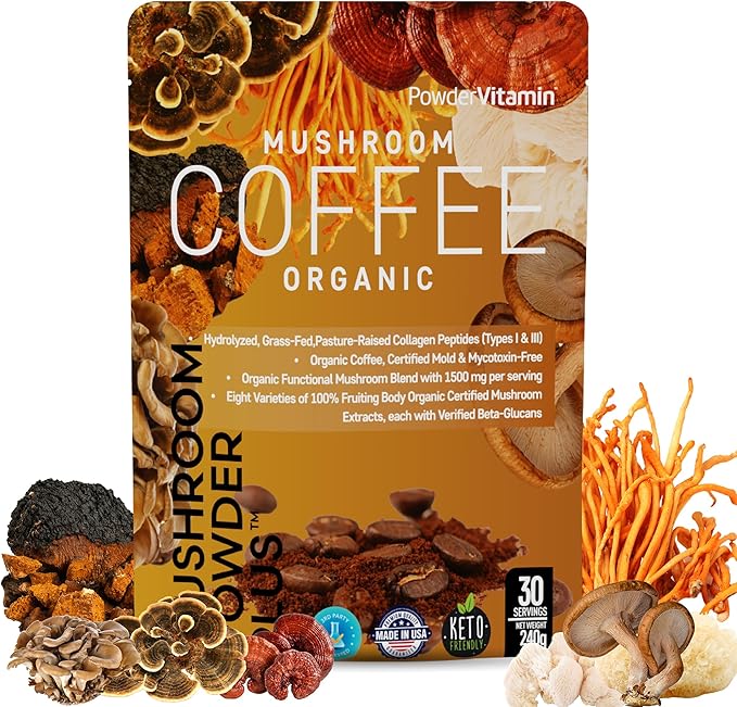 Organic Mushroom Coffee Certified Mold & Mycotoxin-Free GrassFed Collagen Types I & III 8 Fruiting Body Mushrooms Tested for Beta-Glucans Focus Energy Digestion & Immunity 30 Servings
