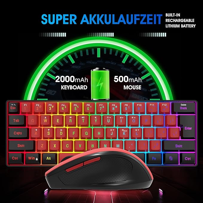 Snpurdiri 2.4G Wireless Gaming Keyboard and Mouse Combo, 60 Percent Wireless Keyboard and Ergonomic Vertical Feel Small Mouse (Black and Red)