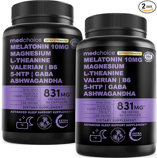 12-in-1 Melatonin Sleep Capsules - 10mg Melatonin Extra Strength with Magnesium and Balanced Blend of Ashwagandha, GABA, Chamomile Extract, L-Theanine & Valerian Root 10:1 Extract (90ct, Pack of 2)