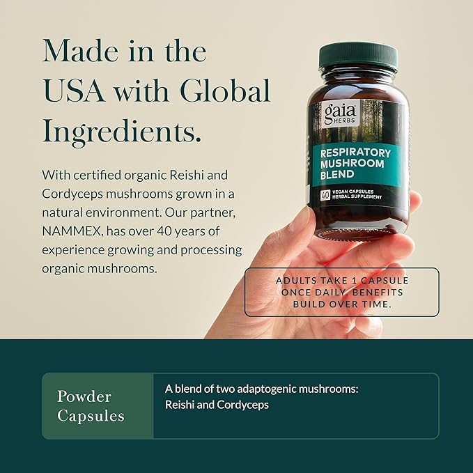 Gaia Herbs Respiratory Mushroom Blend - Immune Support Herbal Supplement to Help Maintain Overall Lung and Respiratory Health - WIth Reishi and Cordyceps* Mushrooms - 40 Vegan Capsules (40-Day Supply)