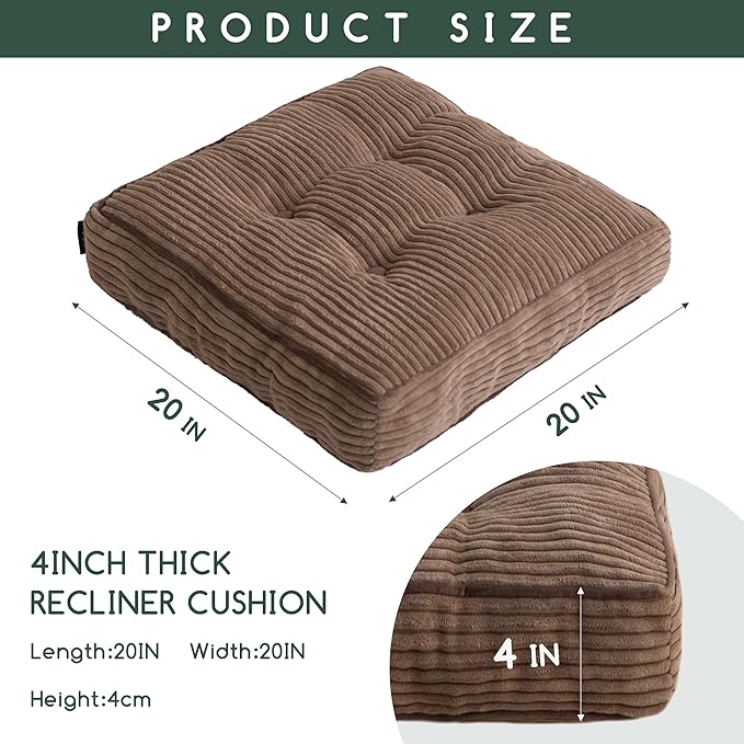 HIGOGOGO Tufted Corduroy Recliner Seat Cushion for Elderly, High Density Foam Large Square Seat Cushion for Recliner Chair, Floor Pillow, Office Chair, Car, No Pressure on Thighs, 20x20x4