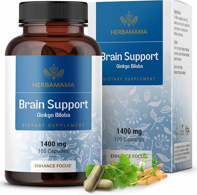 HERBAMAMA Brain Support Capsules - 1400mg Brain Support Supplement for Adults with Bacopa, Panax Ginseng and Ginkgo Biloba - Vegan, Non-GMO Focus Supplement, 100 Caps