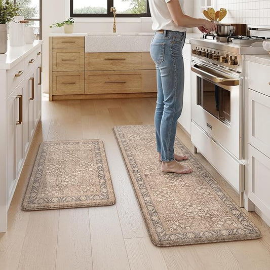 KIMODE Anti Fatigue Kitchen Mat 20"x59"+20"x32", Boho Distressed Kitchen Rugs Sets of 2, Kitchen Mats for Floor Cushioned Non Slip, Comfort Kitchen Floor Mats for Sink, Laundry, Desk Brown