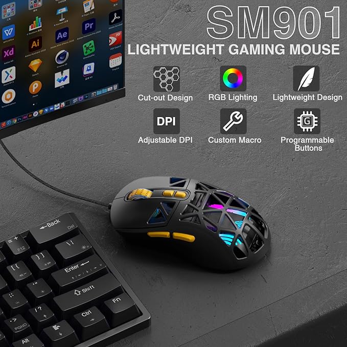 SM901 Gaming Mouse,13800DPI RGB Mouse with Programmable Buttons,53g Lightweight Wired Mouses for Gamer,Black