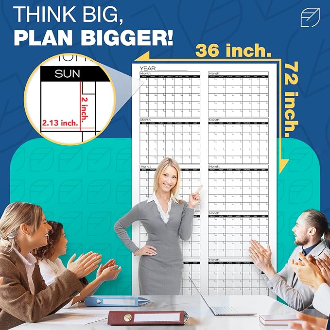 Large Dry Erase Calendar for Wall, 36" x 72" - Undated, Yearly, Reusable - Full 12 Month Year - Includes Markers, Eraser & Accessories