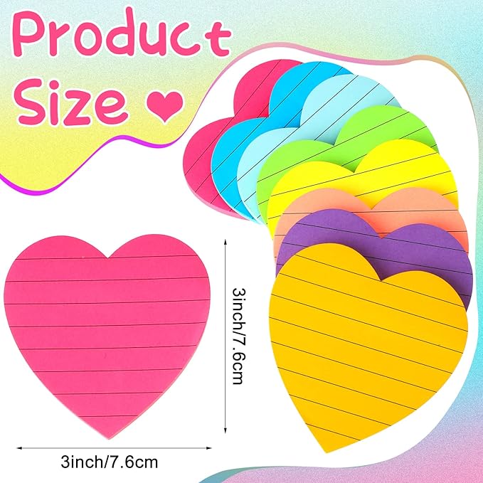 Teling 24 Pcs Heart Shape Lined Sticky Notes Cute Sticky Notes Bright Colorful Sticking Power Memo Pads Red Heart Self Notepads for Office School 3x3 Inch(Bright Colors)