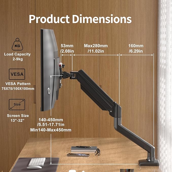 suptek Single Monitor Arm Mount for 13-32 inch, Adjustable Gas Spring Monitor Arm Desk Mount Stand for 4.4-19.8lbs, with VESA Mount 75x75/100x100mm